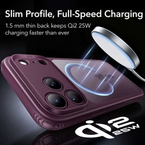Husă iPhone 18 Pro ESR Classic Hybrid cu cerc magnetic HaloLock compatibil MagSafe pe fundal burgundiu mat.