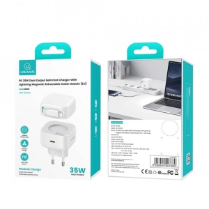 Incarcator tip C GaN Fast Charging PD 35W + cablu retractabil Lightning 80cm alb Usams - Img 2