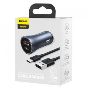 Incarcator auto Baseus Golden Contactor Pro 2 porturi USB-A si USB-C 40 W incarcare rapida + cablu USB to USB Type C - Img 3