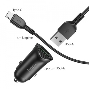 Incarcator telefon auto Hoco Z39 -2 porturi USB-A, QC 3.0, 18W, 3A cu cablu USB-A to USB Type-C 1.0m Negru - Img 3