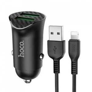 Incarcator telefon auto Hoco Z39 -2 porturi USB-A, QC 3.0, 18W, 3A cu cablu inclus USB-A to Lightning 1.0m Negru - Img 1