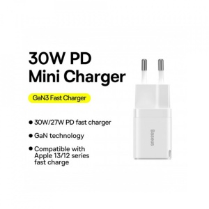 Incarcator telefon Baseus GaN3 incarcare rapida USB-C, PD, 30W, 3A alb - Img 4