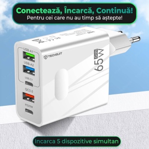 Incarcator telefon cu incarcare rapida 65W + cablu tip C Techsuit PentaXPower (CHC1) negru - Img 4