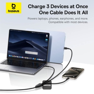 Cablu de date USB tip C , USB-C la 3x Type-C , fast charge PD100W, 480Mbps, 1.5m Baseus - Img 6