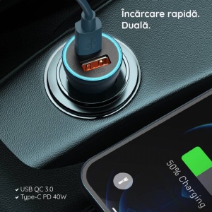 Incarcator auto Baseus Golden Contactor Pro 2 porturi USB-A si USB-C 40 W incarcare rapida + cablu USB to USB Type C - Img 4