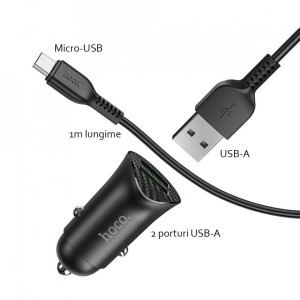Incarcator telefon auto Hoco Z39 -2 porturi USB-A, QC 3.0, 18W, 3A cu cablu inclus USB-A to Micro USB 1.0m Negru - Img 2
