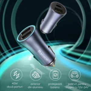 Incarcator auto Baseus Golden Contactor Pro 2 porturi USB-A si USB-C 40 W incarcare rapida + cablu USB to USB Type C - Img 5