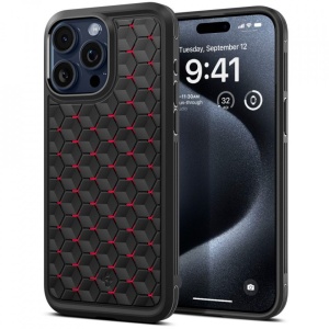 Husa iPhone 15 Pro Max Spigen Cryo Armor Neagra cu detalii rosii - Img 1