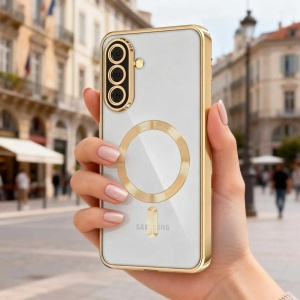Husa Samsung Galaxy A57 Magsafe Luxury Crystal transparenta / auriu - Img 2