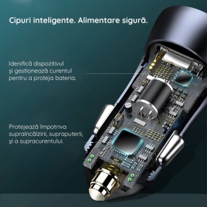 Incarcator auto Baseus Golden Contactor Pro 2 porturi USB-A si USB-C 40 W incarcare rapida + cablu USB to USB Type C - Img 6