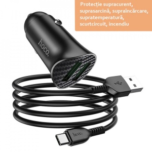 Incarcator telefon auto Hoco Z39 -2 porturi USB-A, QC 3.0, 18W, 3A cu cablu USB-A to USB Type-C 1.0m Negru - Img 5