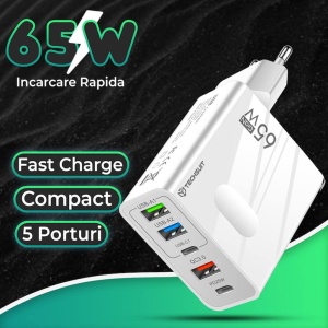 Incarcator telefon cu incarcare rapida 65W + cablu tip C Techsuit PentaXPower (CHC1) negru - Img 5