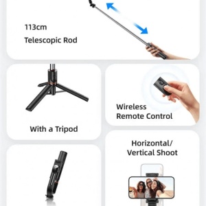 Selfie Stick cu trepied si telecomanda Bluetooth Usams US-ZB256 113cm - Img 5