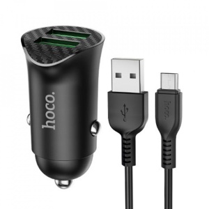 Incarcator telefon auto Hoco Z39 -2 porturi USB-A, QC 3.0, 18W, 3A cu cablu inclus USB-A to Micro USB 1.0m Negru - Img 1