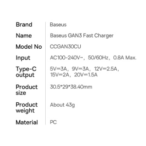 Incarcator telefon Baseus GaN3 incarcare rapida USB-C, PD, 30W, 3A - Img 5