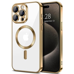 Husa iPhone 15 Pro Magsafe Luxury Crystal transparenta cu detalii aurii