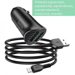 Incarcator telefon auto Hoco Z39 -2 porturi USB-A, QC 3.0, 18W, 3A cu cablu inclus USB-A to Lightning 1.0m Negru - Img 7