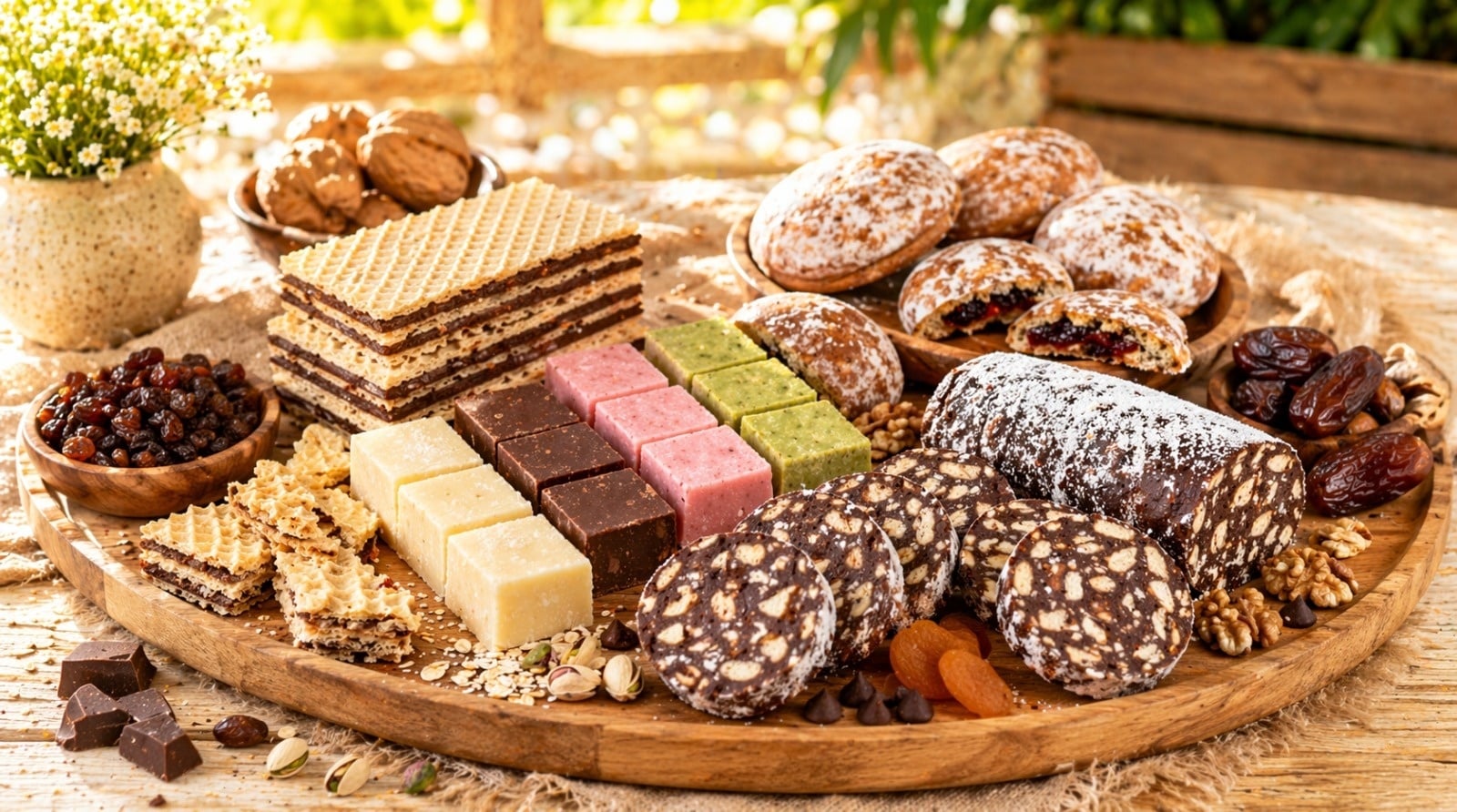 Biscuiți crocanți, napolitane cu cremă, ciocolată fină