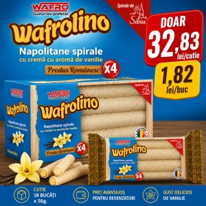 Napolitane Spirale, WAFROLINO, cu crema de vanilie, 18 X 56 g