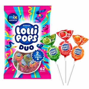 ROSHEN LolliPops Gum Fruit Mix – Acadele cu fructe și gumă 920 g, 48 buc