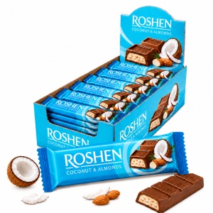 Batoane de ciocolată cu lapte, cocos și migdale Roshen, 30 × 29 g