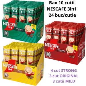 Bax mixat 10 cutii NESCAFÉ 3in1, 24 plicuri/cutie – 4 Strong + 3 Original + 3 Mild