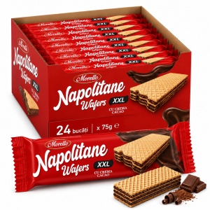 Bax Napolitane MORELLO XXL cu Cremă de Cacao 75 g – 24 Buc/Cutie