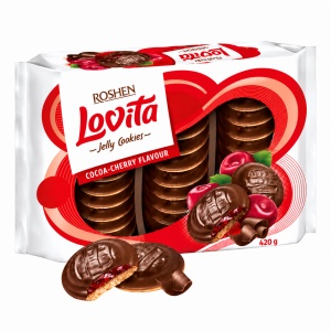 Biscuiți Roshen Lovita cu cacao, jeleu cu aromă de vișine și glazură, 420 g