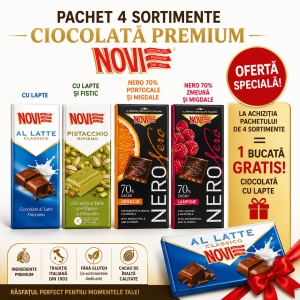 Pachet Promo NOVI 4+1 GRATIS – 4 Sortimente de Ciocolată Premium + 1 Ciocolată cu Lapte CADOU