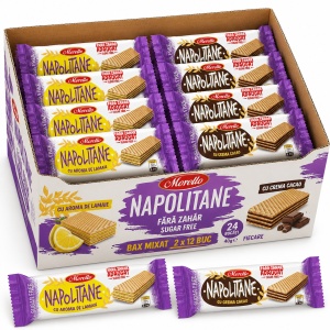 Bax Mixat Napolitane MORELLO Fără Zahăr 40 g – Cacao & Lămâie, 24 Buc/Cutie