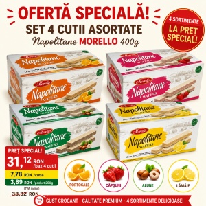 Napolitane MORELLO 400g – Set 4 Cutii Asortate (Căpșuni, Portocale, Alune și Lămâie)