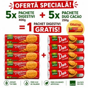 Pachet Promo GULLON 10+1 GRATIS – 5 x Biscuiți Digestivi 400 g + 5 x Biscuiți Duo Sandwich cu Cremă de Cacao 250 g + 1 x Digestivi CADOU