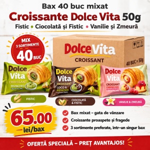 Bax 40 buc Croissante Dolce Vita 50g – Mixat 3 Sortimente (Fistic, Ciocolată & Fistic, Vanilie & Zmeură)