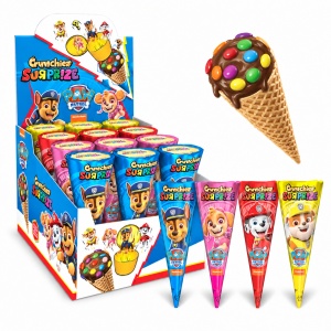 Display cu 12 cornete Relkon Crunchiez Surprise Paw Patrol, cu cremă de alune și jucărie, 12 × 25 g