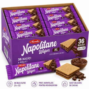 Bax Napolitane MORELLO XL cu Cremă de Cacao 42 g – 36 Buc/Cutie