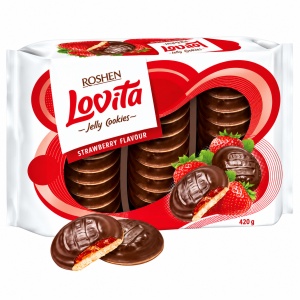 Biscuiți Roshen Lovita cu jeleu cu aromă de căpșuni și glazură de cacao, 420 g