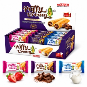 Cutie Mixtă MORELLO Puffy Cream 18g – 24 Rulouri Asortate cu Cremă (Căpșuni, Cacao și Lapte)