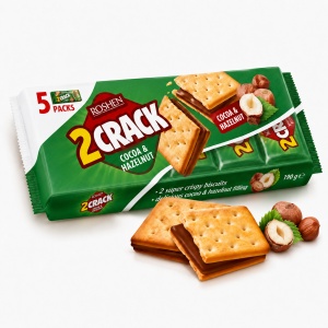 ROSHEN 2 Crack Cocoa & Hazelnut Biscuiți Sandwich cu Cremă de Cacao și Alune 190 g