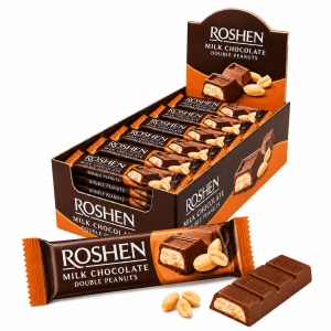 ROSHEN Batoane de ciocolată cu lapte și arahide, Milk Double Peanuts, Cutie 30 x 29 g