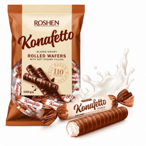 Rulouri de napolitană ROSHEN Konafetto Bianco cu cremă de lapte și glazură de cacao, 1 kg