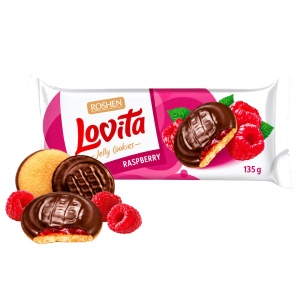 Biscuiți Roshen Lovita cu jeleu cu aromă de zmeură și glazură de cacao, 135 g