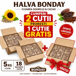 Halva Floarea Soarelui și Cacao BONDAY, 5 KG (18 Pachete/Cutie) – OFERTĂ 2 + 1 GRATIS