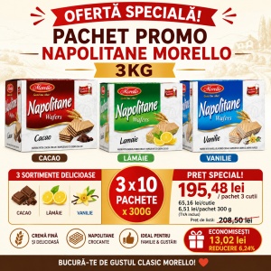 Pachet Promo Napolitane MORELLO 3KG – Cacao, Lămâie și Vanilie (3 cutii x 10 pachete x 300G) - Img 3