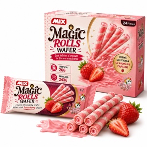 Rulouri Napolitană MAGIC ROLLS cu Cremă de Căpșuni, 24 × 26 g/cutie
