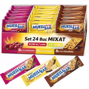 Set 24 Buc Mixat Batoane Cereale Musli KORONA, 40 g – 8 cu Merișoare + 8 cu Banane + 8 cu Ciocolată - Img 2