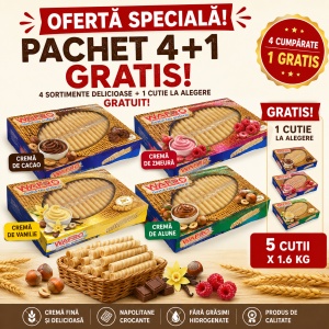 Pachet Promo WAFRO Spirale 4+1 GRATIS – Cacao, Zmeură, Vanilie și Alune, 1.6 kg/cutie