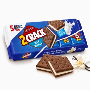 ROSHEN 2 Crack Milk Vanilla Biscuiți Sandwich cu Cremă de Lapte și Vanilie 190 g