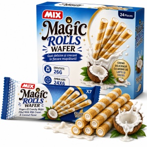 Rulouri Napolitană MAGIC ROLLS cu Cremă de Lapte și Cocos, 24 × 26 g/cutie