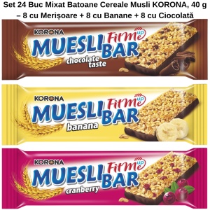 Set 24 Buc Mixat Batoane Cereale Musli KORONA, 40 g – 8 cu Merișoare + 8 cu Banane + 8 cu Ciocolată