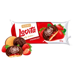 Biscuiți Roshen Lovita cu jeleu cu aromă de căpșuni și glazură de cacao, 135 g